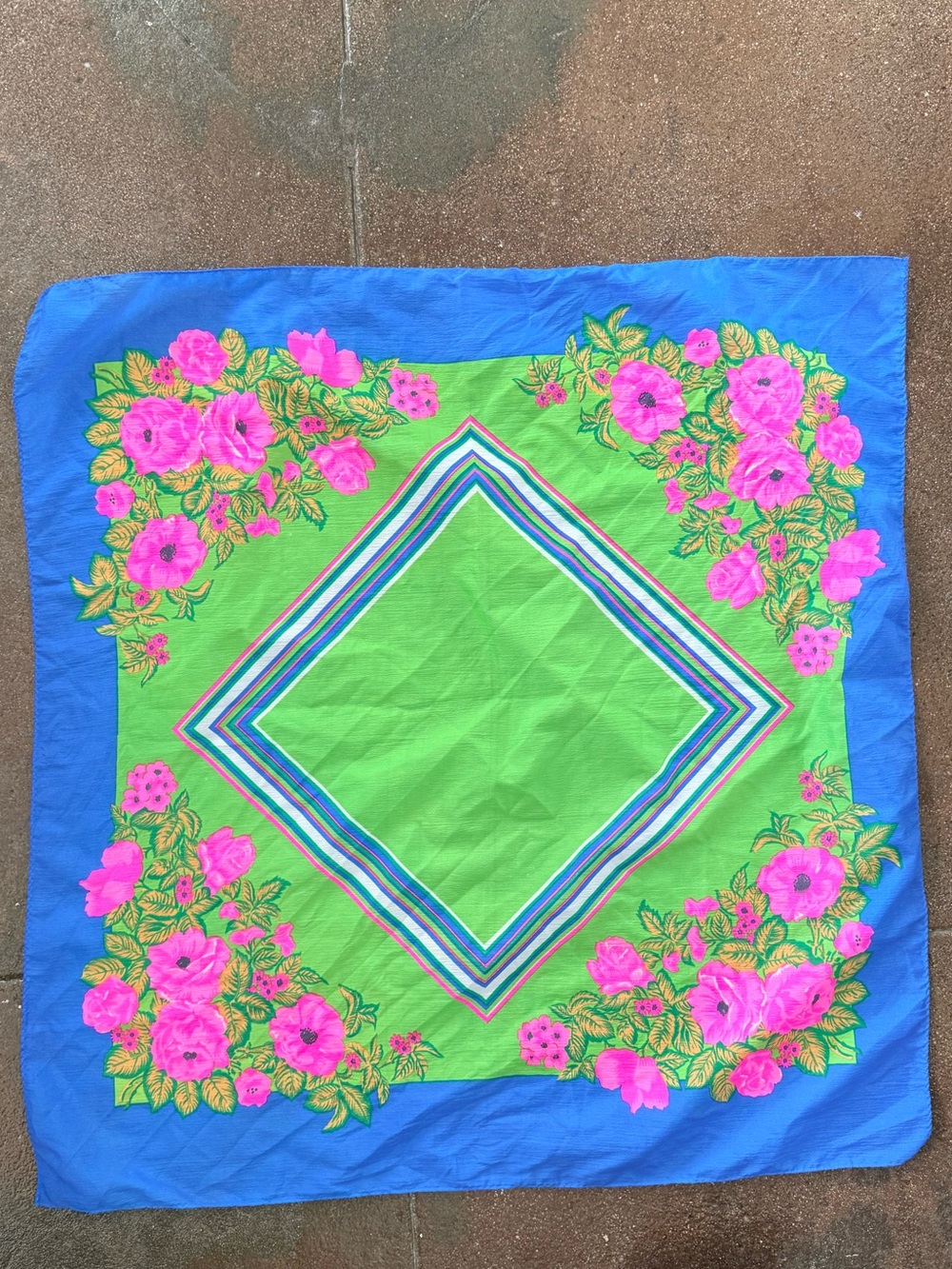 Retro Vibrant Neon Floral Stripe Square Scarf